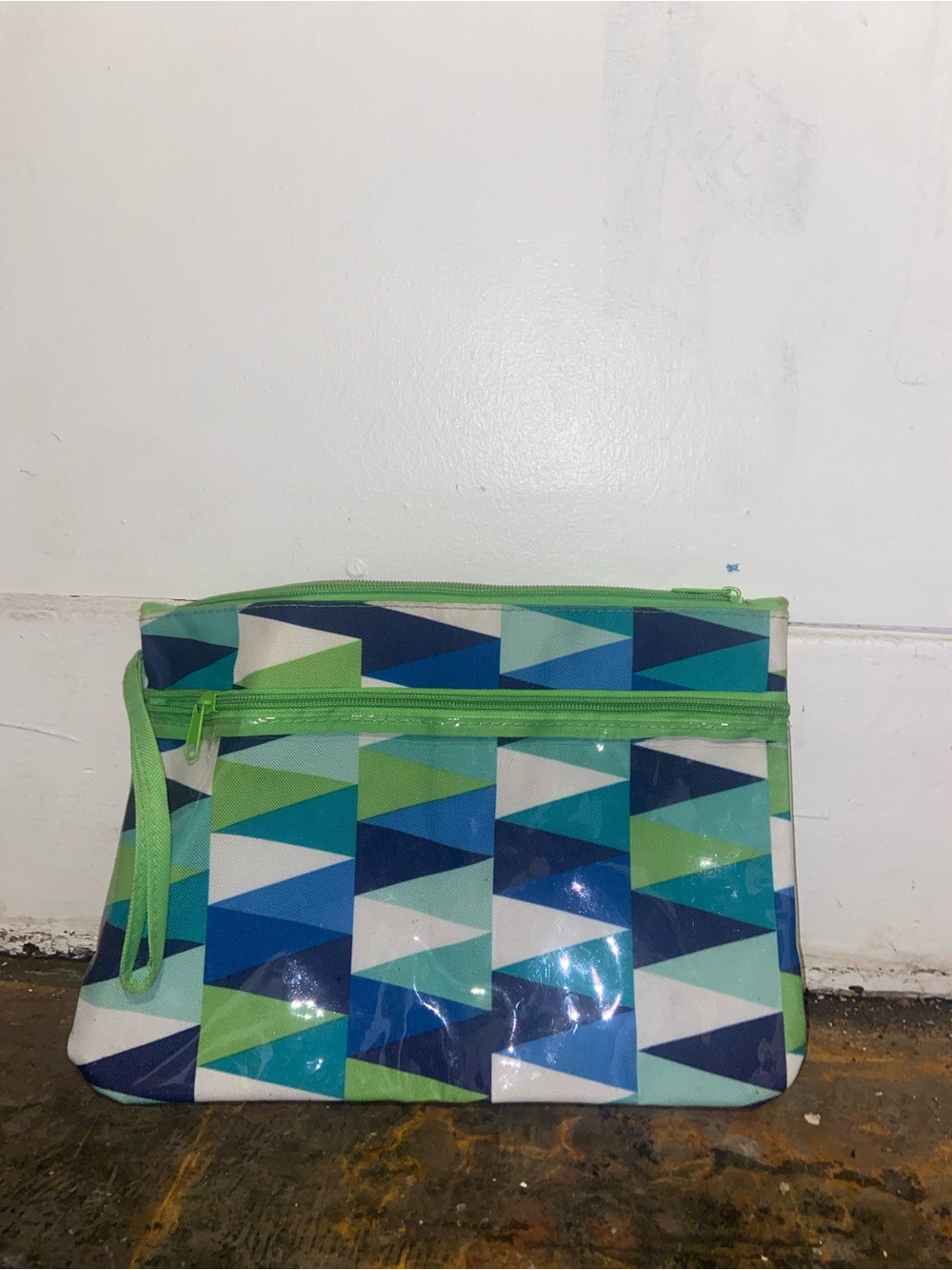 Y2K Kidcore Art Teacher Geometric Triangle Print Cosmetic Pouch in Blue & Green
